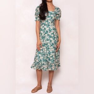 Ivy City Co Green and White Ruched Ruffled Wrap Midi Dress